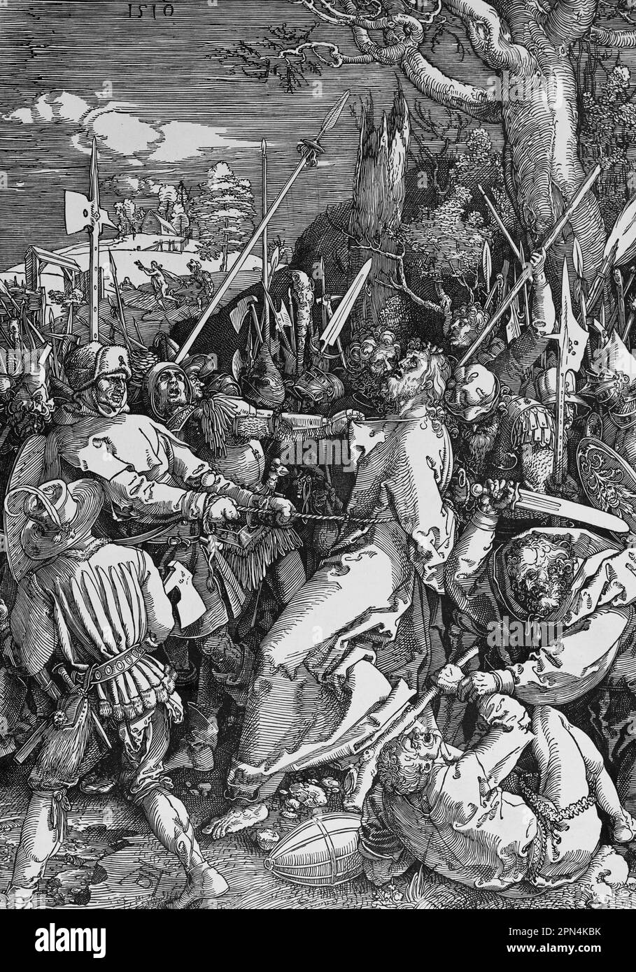 Christus nahm den Gefangenen, nach A. Dürer, bibel, Neutestament, Matthew chapter26, Verse 47-56, historische Illustration 1890 Stockfoto