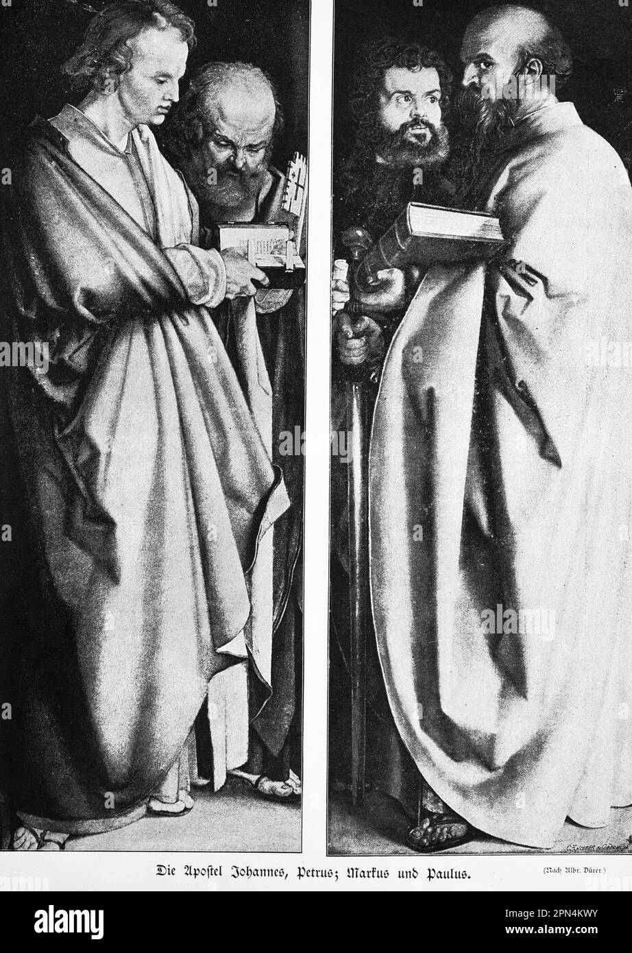 The Apostles john, Peter (links), Mark and Paul (r.) bibel, New Testament, John, Kapitel 15, Verse 1-27, Nach A. Dürer, historische Illustration 1890 Stockfoto