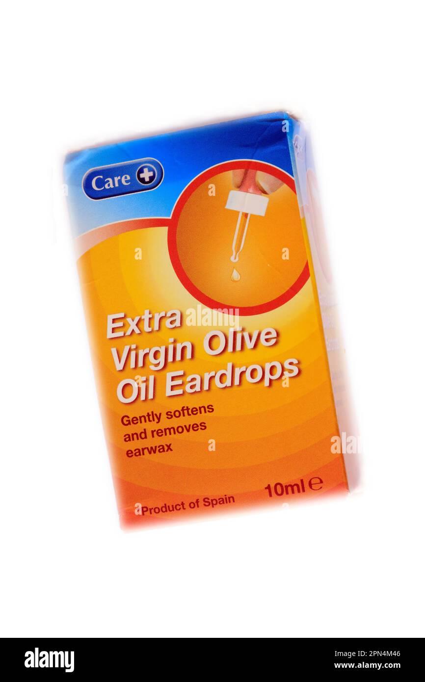 Einrichtung des Pakets „extra Virgin Olive Oil Eartrops“ auf weißem Hintergrund Stockfoto