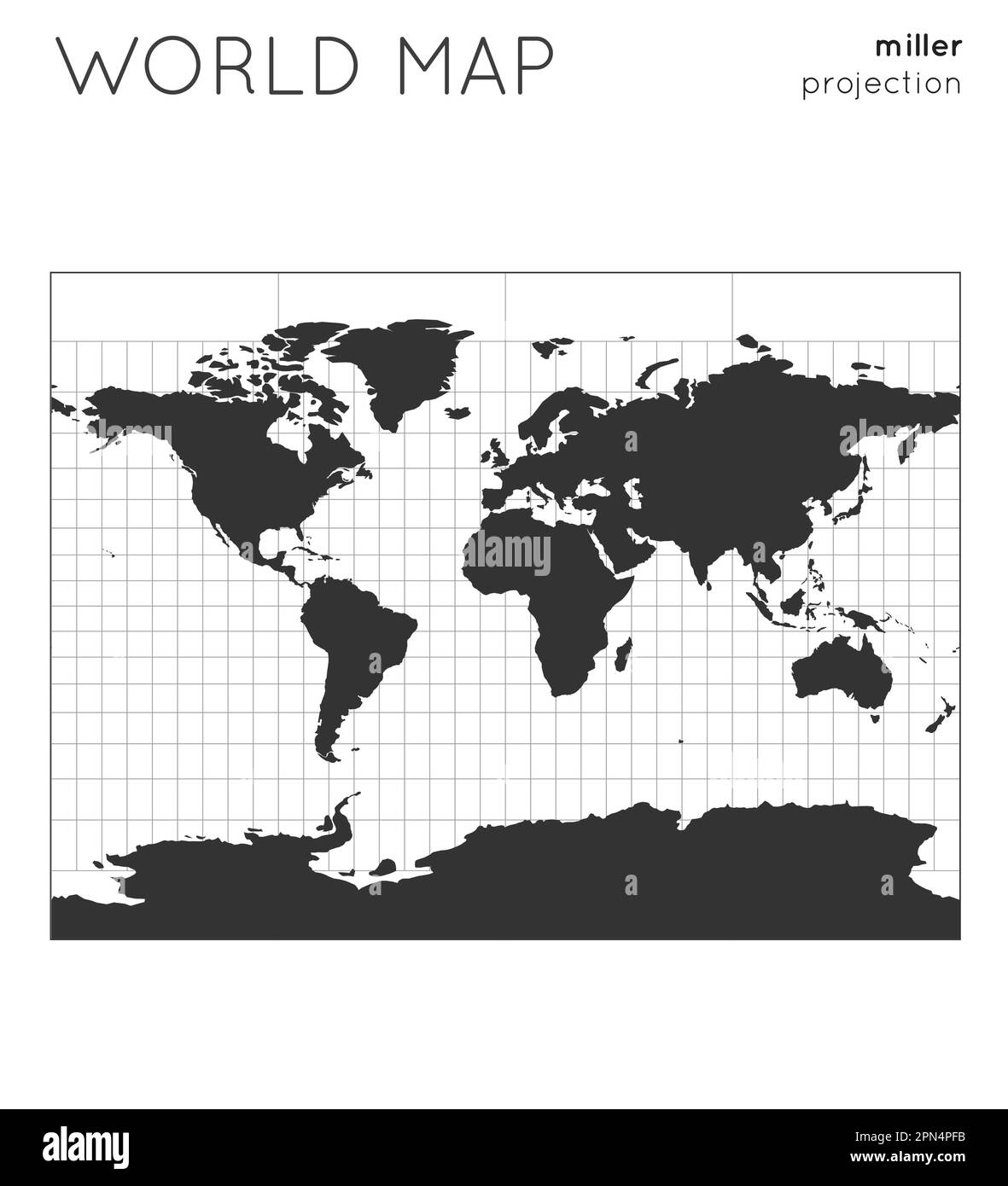 Weltkarte. Globus in Miller-Projektion, mit Gitterlinien-Stil. Moderne Vektorillustration. Stock Vektor