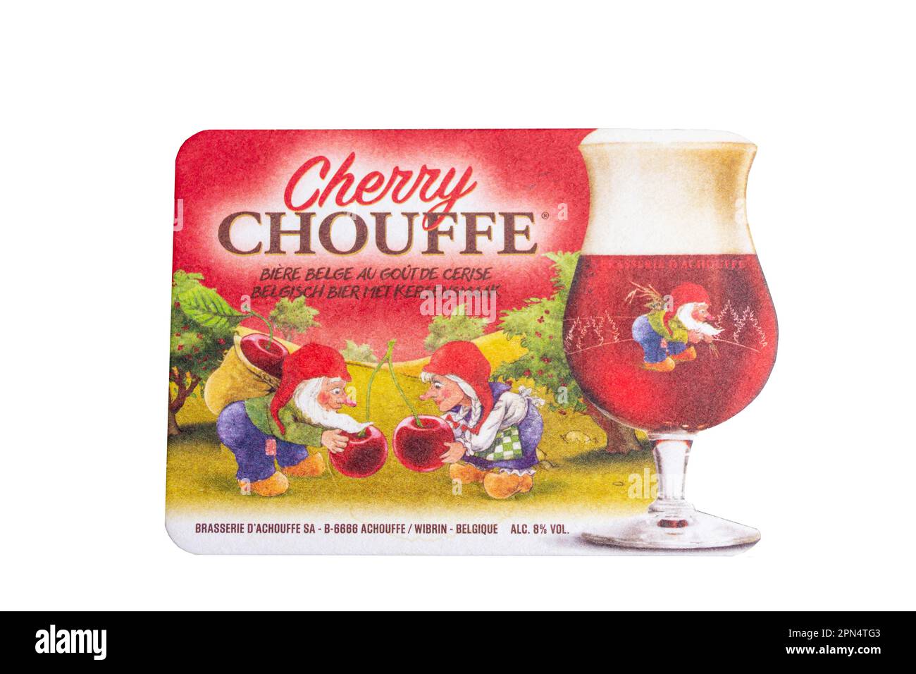 Cherry Chouffe Belgische Biermatte in Café, Brügge, Provinz Westflandern, Königreich Belgien. Stockfoto