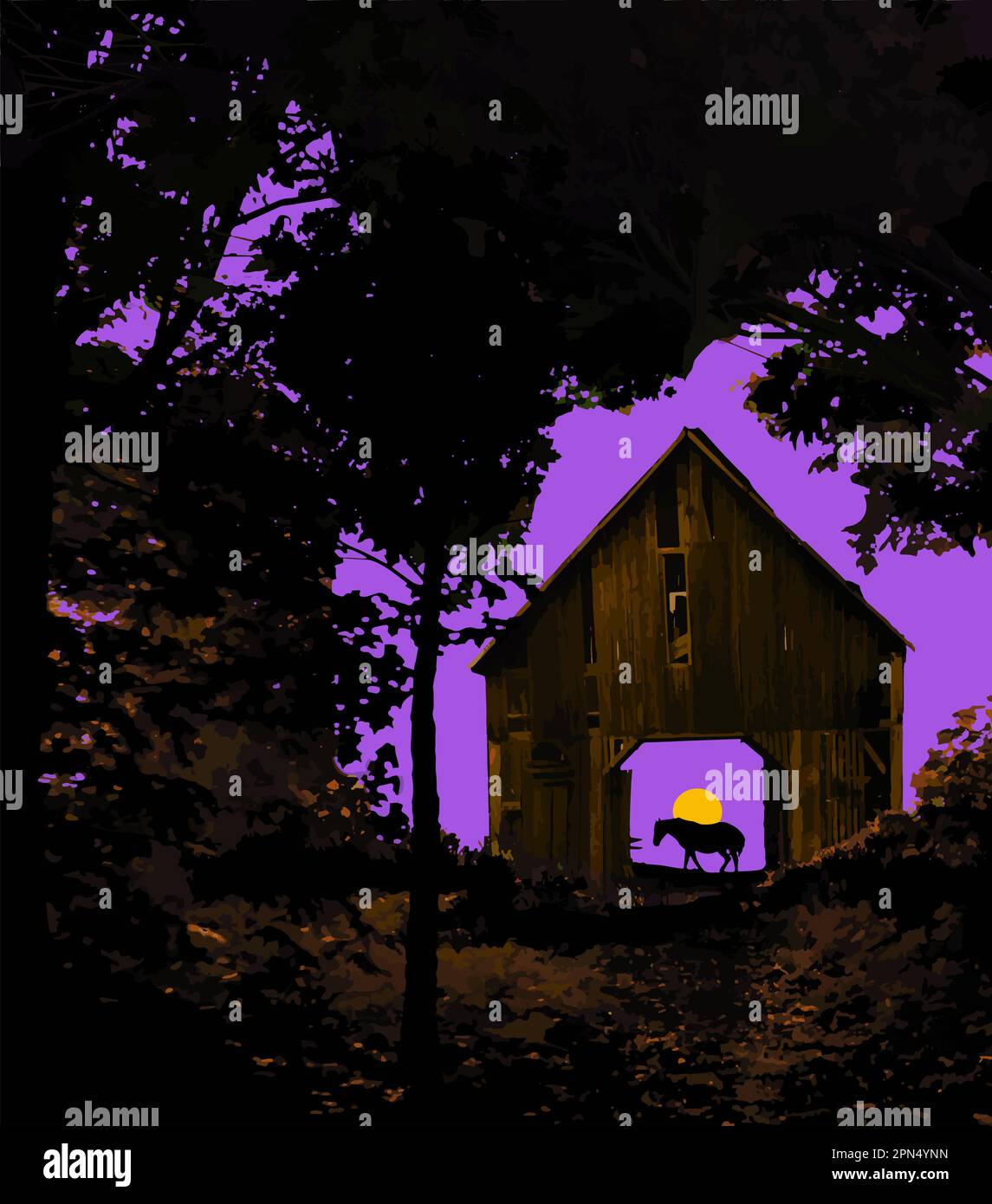 Eine Scheune im Wald mit einem Pferd wird bei Sonnenuntergang in einem Vektorbild gesehen. Stock Vektor