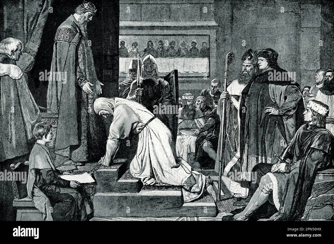 Der 1906. Titel lautet:'Heinrich der Löwe kniet vor Barbarossa. Barbarossa war erst Jahre später an der Reihe. Er wurde in Italien besiegt, durch Henrys Abwanderung. Nach seiner Rückkehr nach Deutschland erklärte er Henry zum Verräter und zerdrückte ihn nach einem langen Krieg zur Unterwerfung. Henry kniete verzweifelt vor den Füßen seines Monarchen, aber sie waren in der Jugend befreundet, und in Erinnerung daran begnadigte Frederick seinen unterjochten Vasallen und stellte einen Teil seiner früheren Besitztümer wieder her." Stockfoto