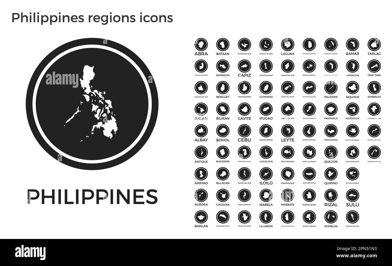 Symbole für die Regionen auf den Philippinen. Schwarze runde Logos mit Karten und Titeln der jeweiligen Region. Vektordarstellung. Stock Vektor