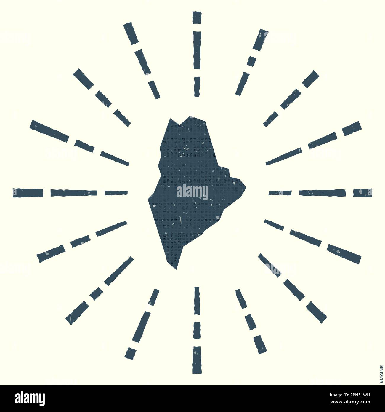 Logo Von Maine. Poster „Grunge Sunburst“ mit Karte des US-Bundesstaates. Die Form von Maine, gefüllt mit Hexziffern, mit Sonnenstrahlen. Eine fantastische Vektordarstellung Stock Vektor