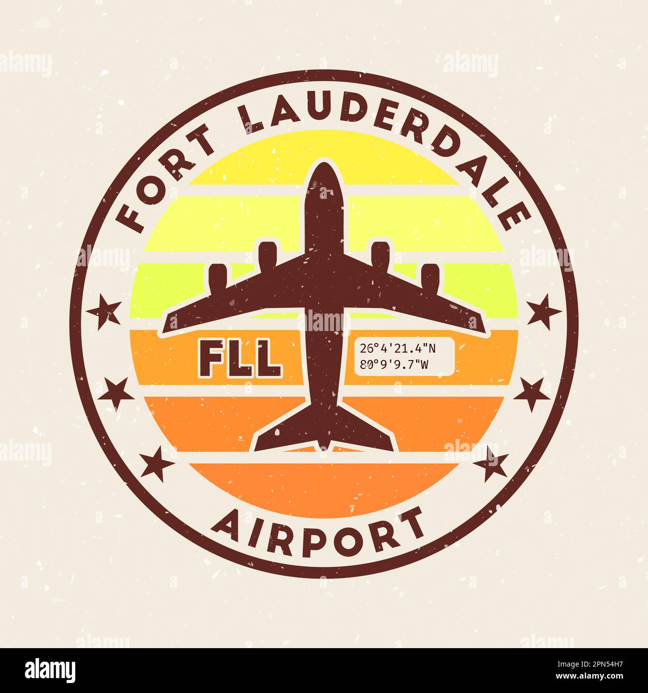 Abzeichen des Flughafens Fort Lauderdale. Rundes Abzeichen mit Vintage-Streifen, Flugzeugform, Flughafen-IATA-Code und GPS-Koordinaten. Stock Vektor