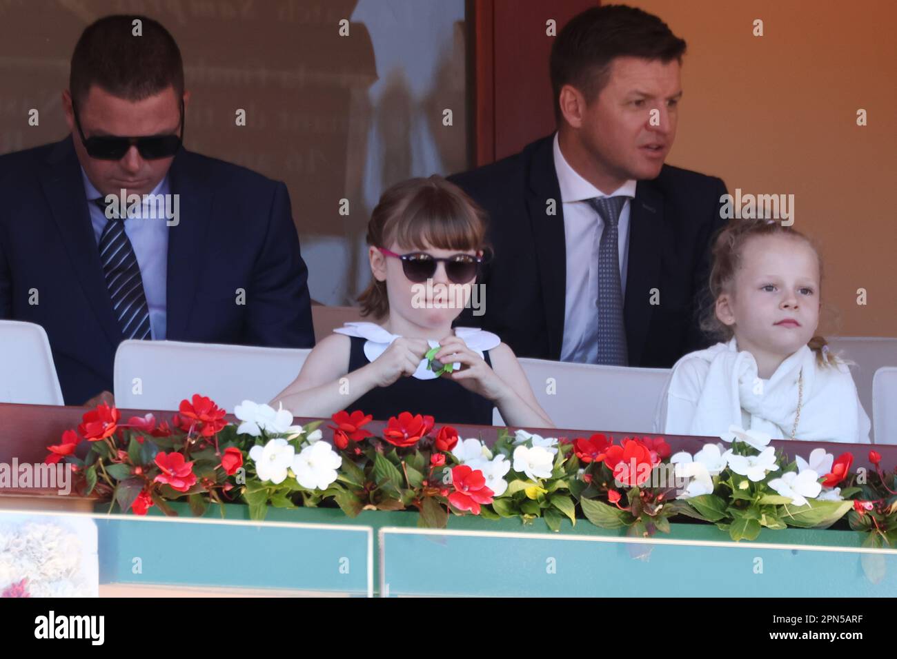 Monaco, Monaco. 17. April 2023. MONACO, Monte Carlo auf der 16. April 2023; The Royal Family in the Tennis Court and Victory Ceremony for Andrey RUBLEV -, SAS Prince Albert II de Monaco, children Gabriella and Jacques, guests at the final, Open Rolex Master 1000 Monte Carlo April 16 2023. Bild und Copyright Thierry CARPICO/ATP images (CARPICO Thierry/ATP/SPP) Guthaben: SPP Sport Press Photo (SPP Sport Presse Foto). Alamy Live News Stockfoto