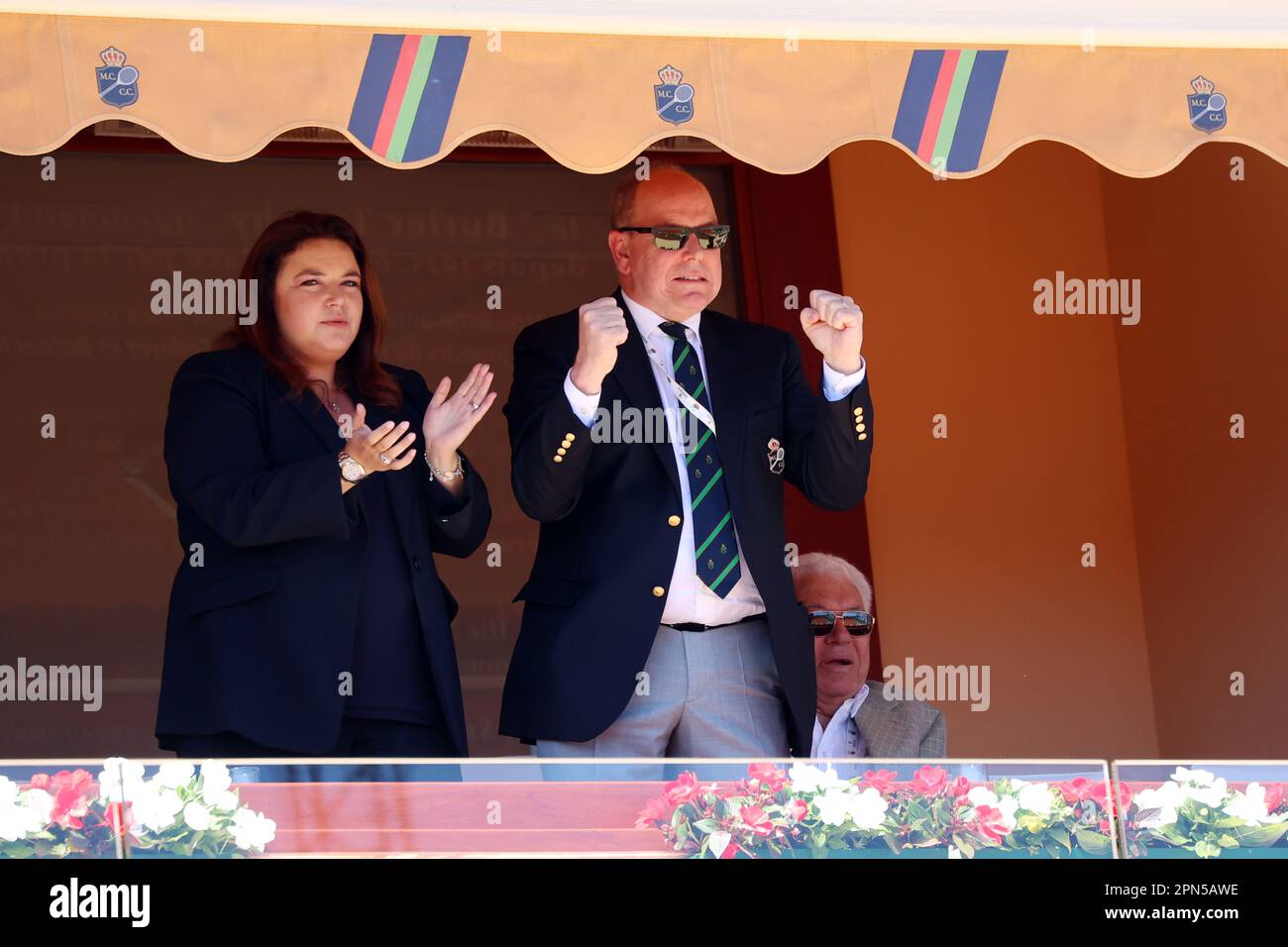 Monaco, Monaco. 16. April 2023. MONACO, Monte Carlo auf der 16. April 2023; The Royal Family in the Tennis Court and Victory Ceremony for Andrey RUBLEV -, Melanie-Antoinette de Massy, SAS Prince Albert de Monaco at the double final, Open Rolex Master 1000 Monte Carlo April 16 2023. Bild und Copyright Thierry CARPICO/ATP images (CARPICO Thierry/ATP/SPP): SPP Sport Press Photo Credit. Alamy Live News Stockfoto