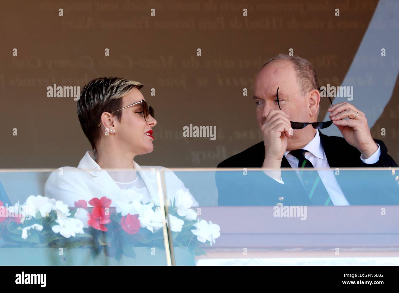 Monaco, Monaco. 16. April 2023. MONACO, Monte Carlo auf der 16. April 2023; The Royal Family in the Tennis Court and Victory Ceremony for Andrey RUBLEV -, SAS Prince Albert II de Monaco, Princess Charlene, at the final, Open Rolex Master 1000 Monte Carlo April 16 2023., Bild und Copyright Thierry CARPICO/ATP images (CARPICO Thierry/ATP/SPP) Credit: SPP Sport Press Photo. Alamy Live News Stockfoto