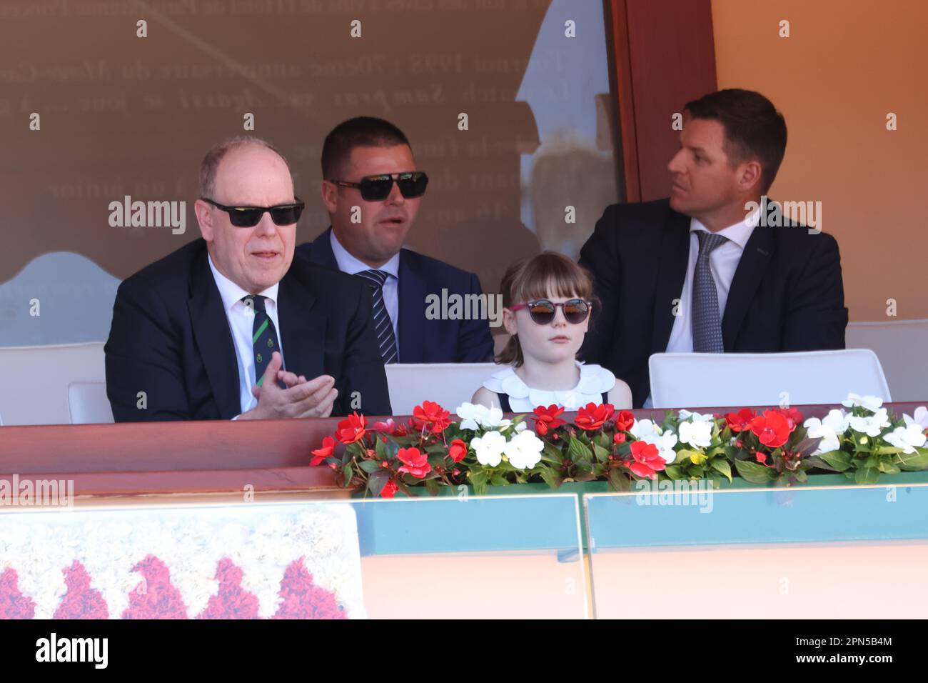 Monaco, Monaco. 17. April 2023. MONACO, Monte Carlo auf der 16. April 2023; The Royal Family in the Tennis Court and Victory Ceremony for Andrey RUBLEV -, SAS Prince Albert II de Monaco, children Gabriella and Jacques, guests at the final, Open Rolex Master 1000 Monte Carlo April 16 2023. Bild und Copyright Thierry CARPICO/ATP images (CARPICO Thierry/ATP/SPP) Guthaben: SPP Sport Press Photo (SPP Sport Presse Foto). Alamy Live News Stockfoto