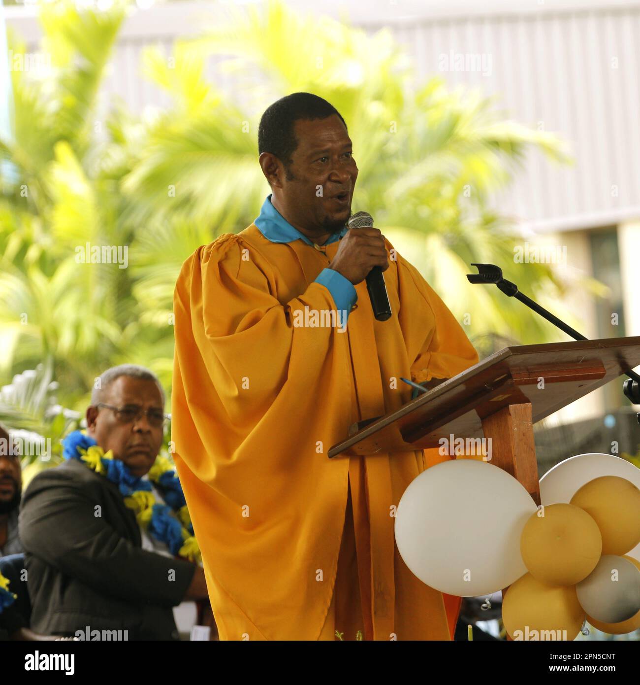 Funkpersönlichkeit und Meister der Zeremonie, Kevin Marai, während der SILAG-Graduierung 2023 Stockfoto