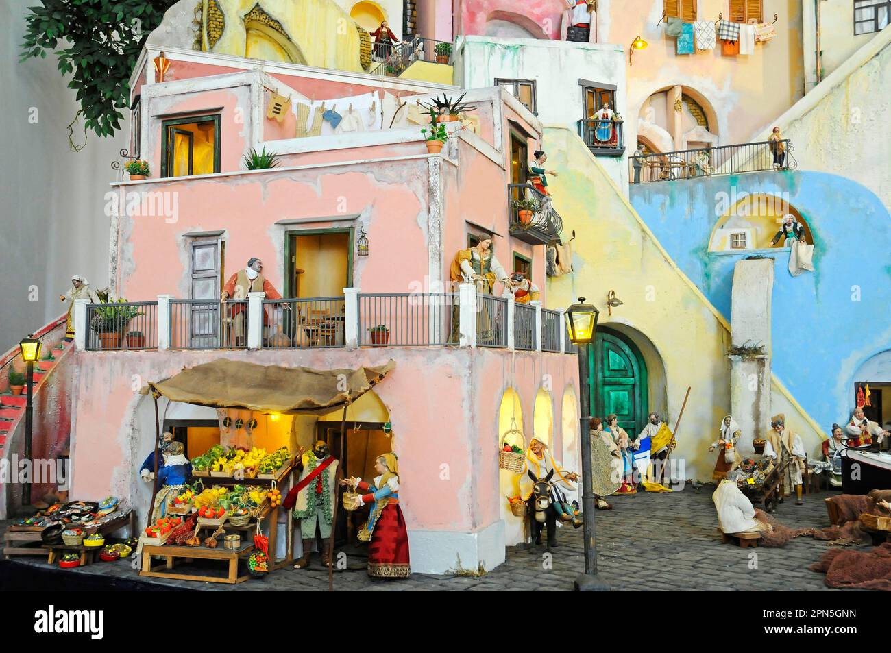 Historische Darstellung, Straßenleben, Miniaturmodell, Santa Margherita Nuova, Kirche, Terra Murata District, Procida Island, Golf von Neapel Stockfoto