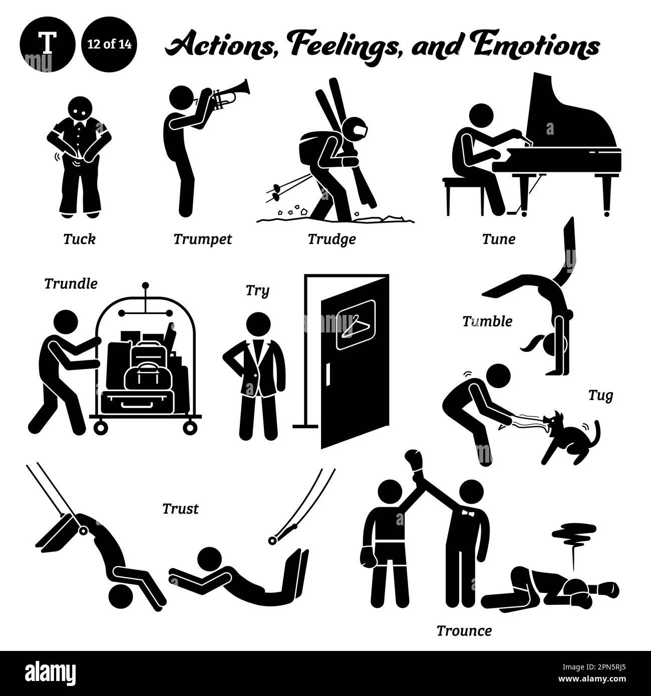 Strichmännchen Menschen Menschen Menschen Menschen Menschen Menschen Aktion, Gefühle und Emotionen Ikonen Alphabet T-Trüdge, Trompete, Tuck, Melodie, Rutschen, Versuchen, umstürzen, ziehen, vertrauen und Trou Stock Vektor