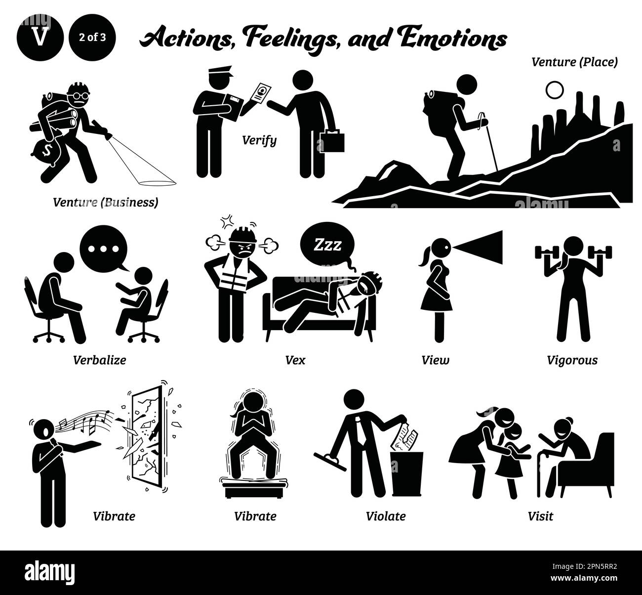 Strichmännchen Menschen Menschen Menschen Menschen Menschen Menschen Menschen Menschen Menschen tun, Gefühle und Emotionen Symbole alphabetisch V. Venture, Business, Place, verifizieren, verbalisieren, Vex, Aussicht, kräftig, Vibra Stock Vektor