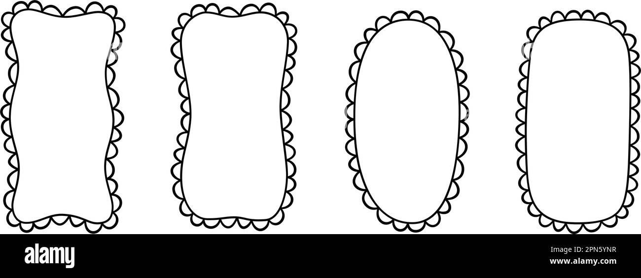Doodle Retangle und ovale Muschelrahmen. Handgezeichnete Rechteck- und Ellipsenformen mit ausgekrümmten Kanten. Einfaches Etikettenformular. Rahmen aus Blumenspitze Stock Vektor