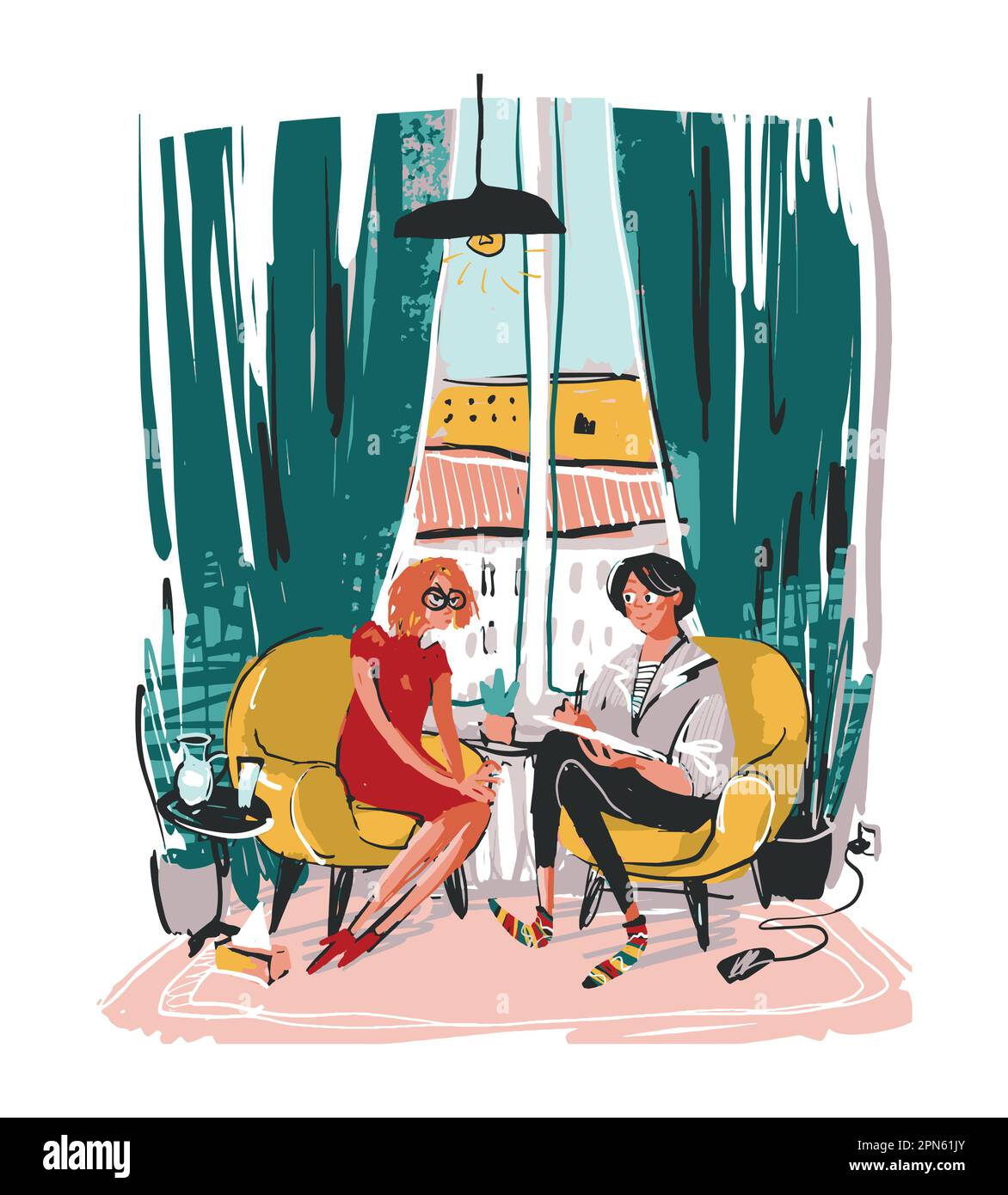 Psychologe hört einem Patienten bei einer Psychotherapiesitzung in der Praxis zu. Modernes Mädchen mit Coaching, humorvoller Cartoon. Der Begriff der Psychotherapie Stock Vektor