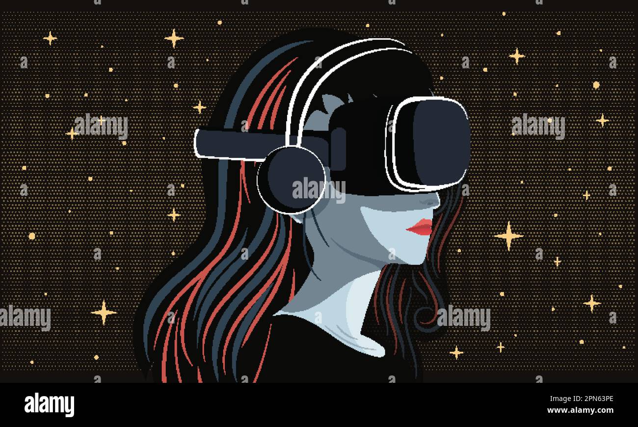 Vektor-Illustration einer jungen Frau mit VR-Box und Kopfhörer auf dunklem Sternenhintergrund in der Galaxie. Stock Vektor