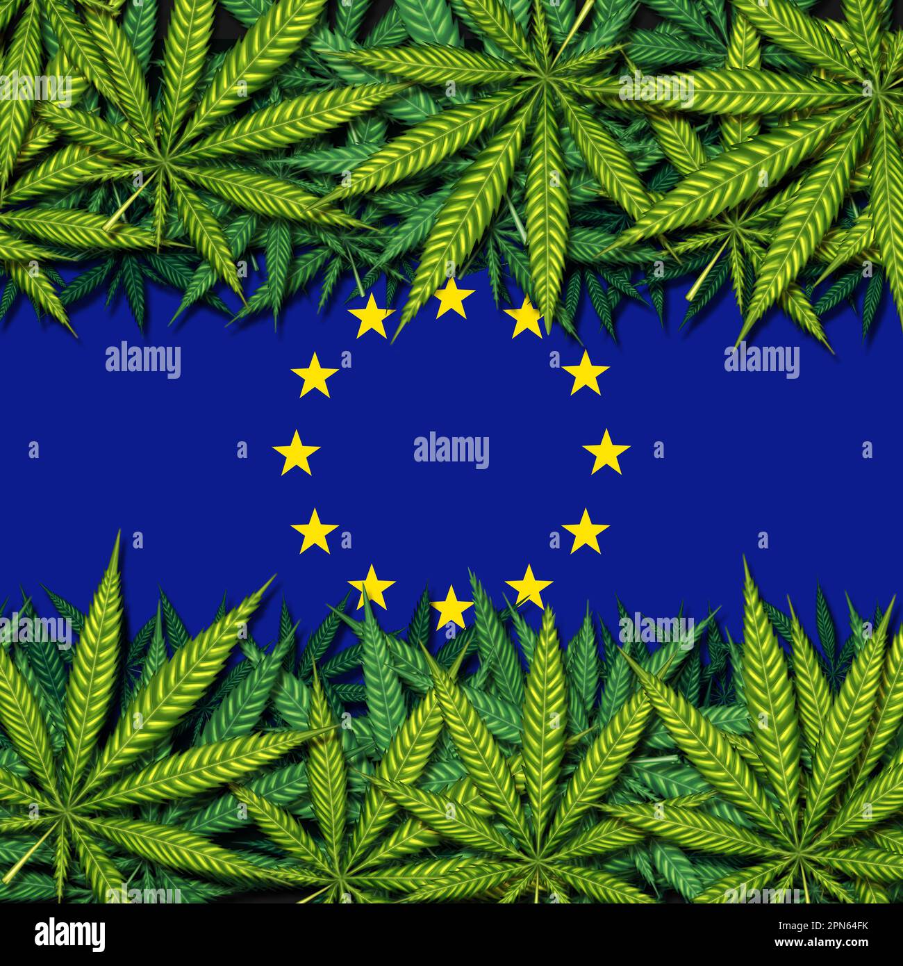 Europäisches Cannabis und Legalisierung EU Marijuana Design als medizinisches Unkrautsymbol für medizinischen Topf als Symbol der Arzneimittelgesetzgebung der Europäischen Union Stockfoto
