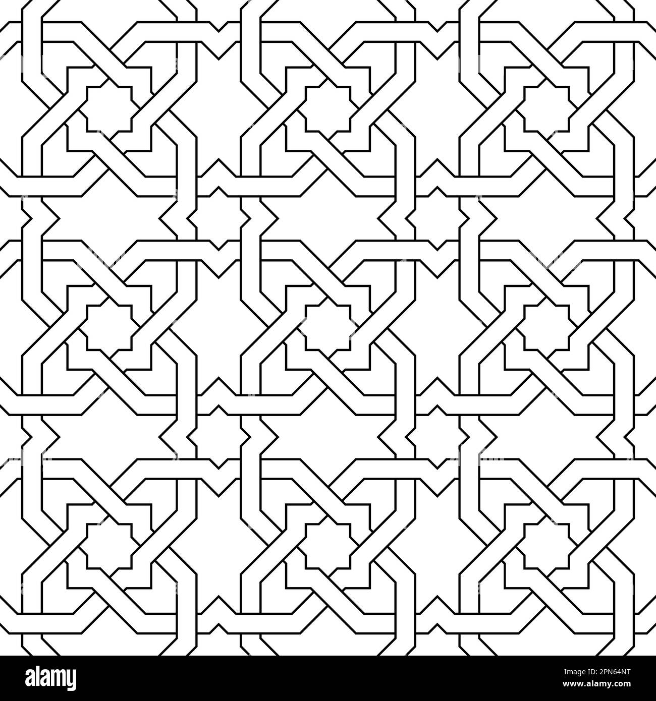 Nahtlose geometrische Verzierung auf der Grundlage traditioneller islamischer Kunst. Schwarz auf Weiß. Für Stoff, Textil, Einband, Geschenkpapier, Hintergrund. Stock Vektor