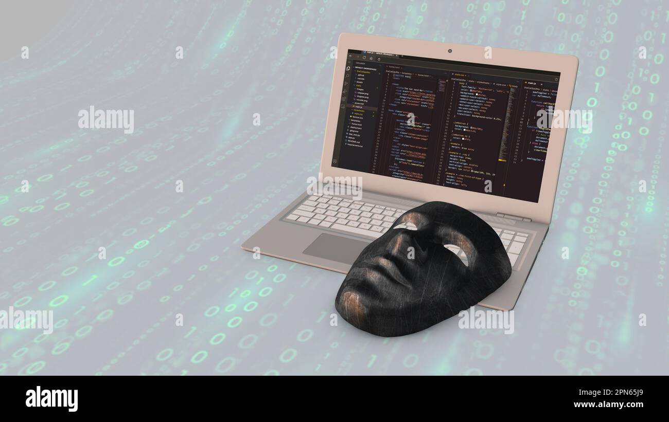 Hacker-Maske auf Laptop mit Chroma-Bildschirm für Cyber-Sicherheitskonzept Stockfoto