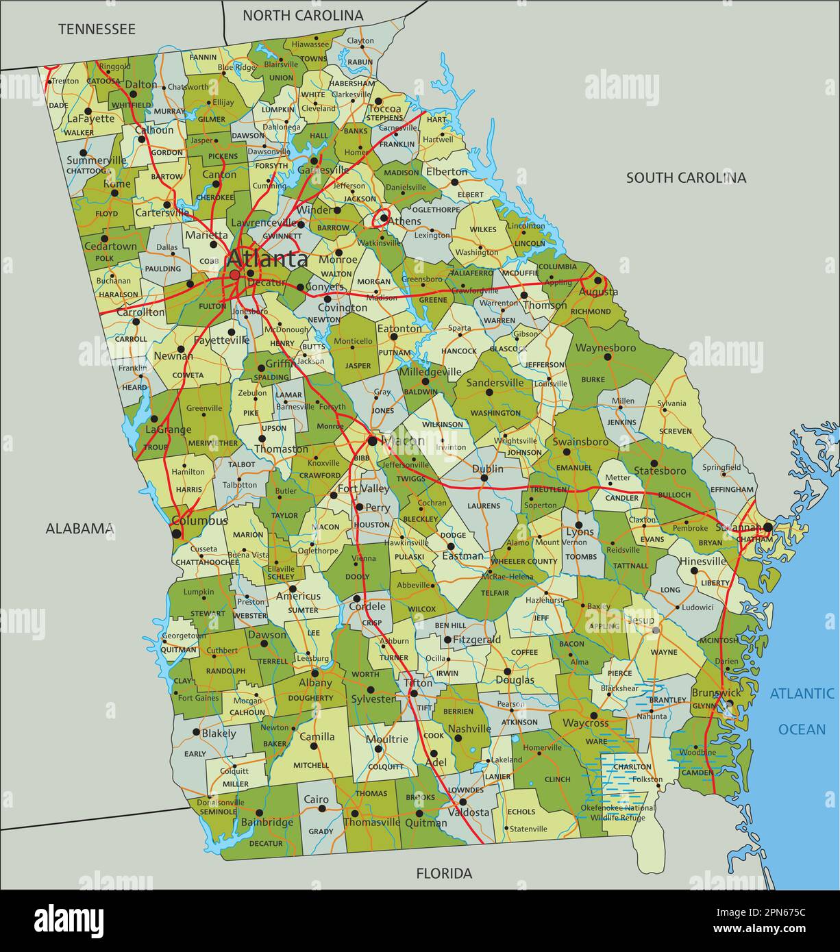 Sehr detaillierte, bearbeitbare politische Karte mit getrennten Schichten. Georgien. Stock Vektor