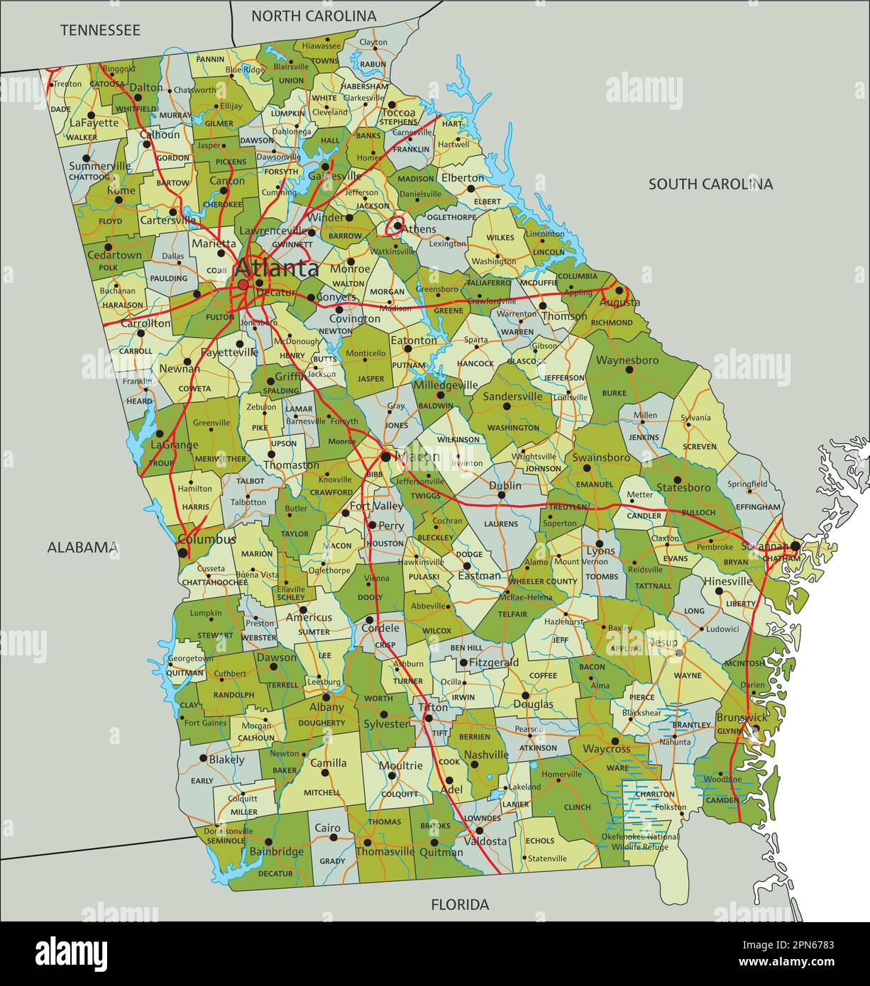 Sehr detaillierte, bearbeitbare politische Karte mit getrennten Schichten. Georgien. Stock Vektor