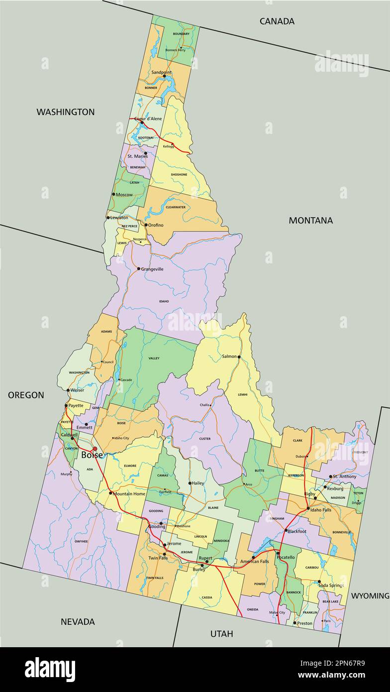 Idaho - sehr detaillierte, bearbeitbare politische Karte mit Beschriftung. Stock Vektor
