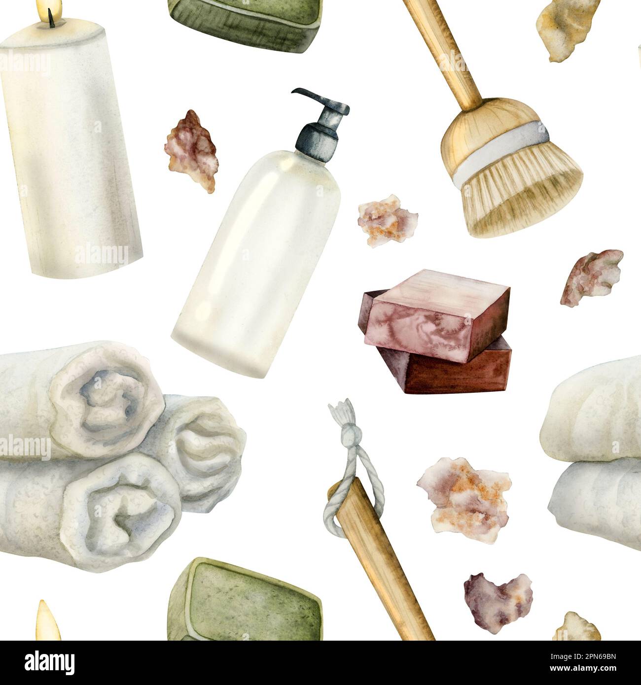 Wasserfarben Duschzubehör und -Zubehör, Seifenriegel, trockene Massagebürste, Handtücher, Badesalz, Duschgel mit nahtlosem Muster auf weißem Hintergrund. Hygiene Stockfoto