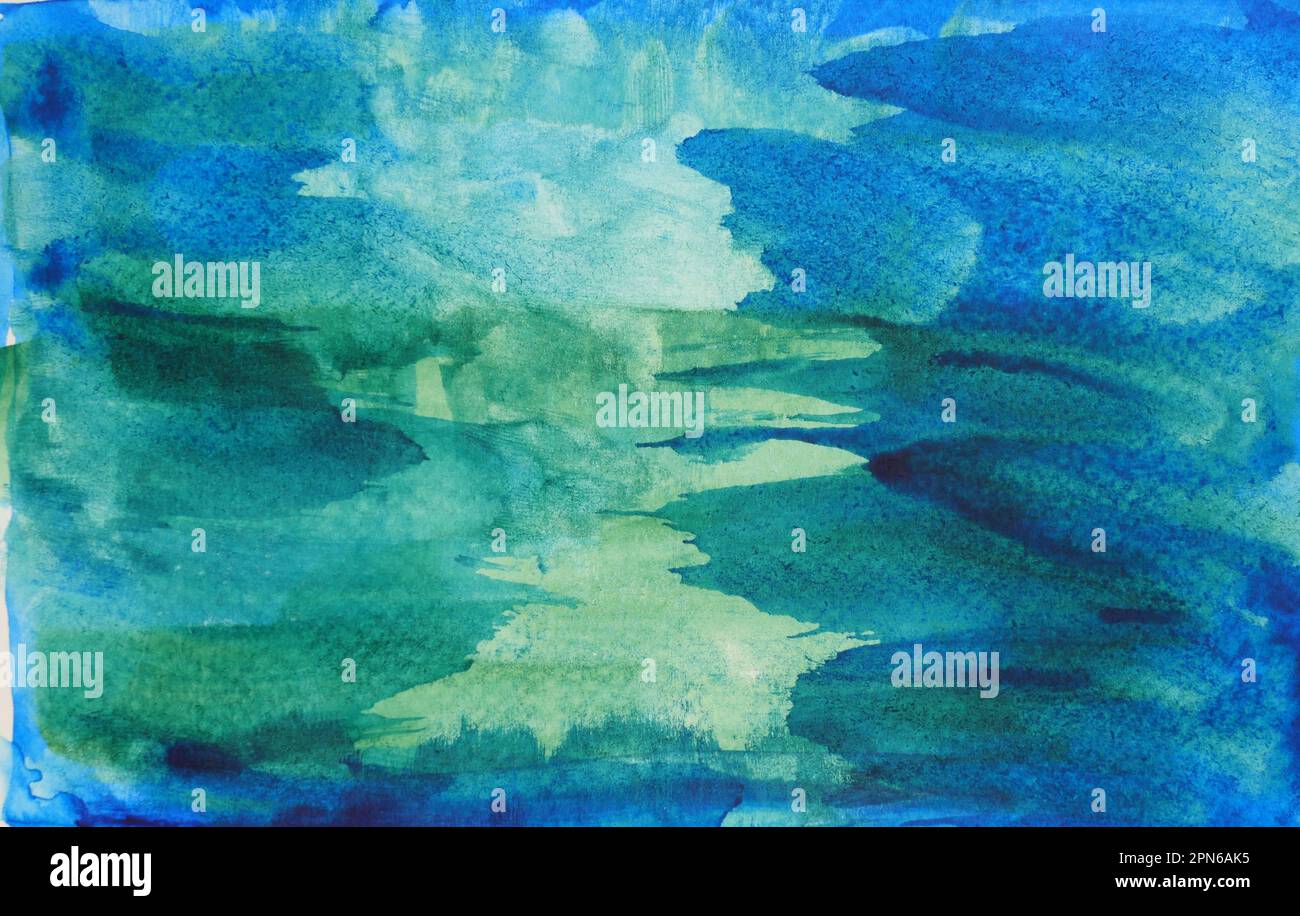 Abstrakter Hintergrund und Textur Muster blau mit gelb und grün Farbfluss auf weißem Hintergrund, Illustration Aquarell handgezeichnet und gemalt Stockfoto