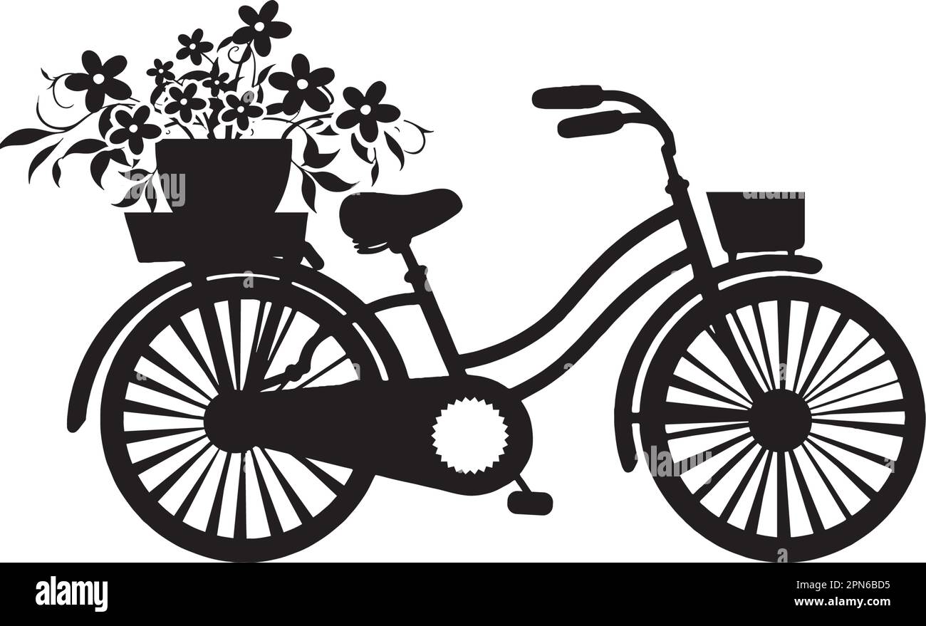 Darstellung des Fahrrads mit Blumenkorb isoliert auf weißem Hintergrund, Vektor. Minimalistisches Schwarz-Weiß-Poster-Design. Alte Wandmalereien, Kunstwerke. Stock Vektor