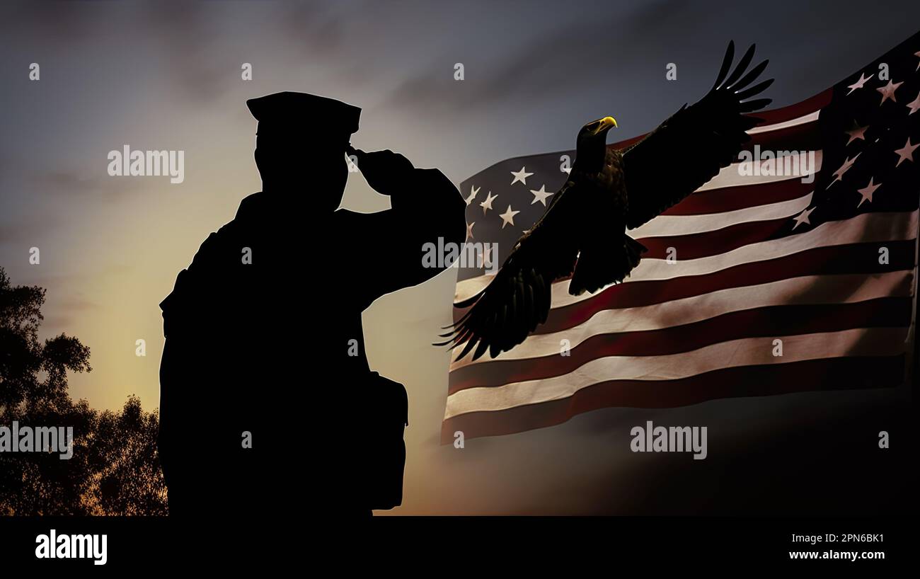 Silhouette des Militärs zu Ehren der US-Flagge, konzept der amerikanischen Militärstärke Stockfoto