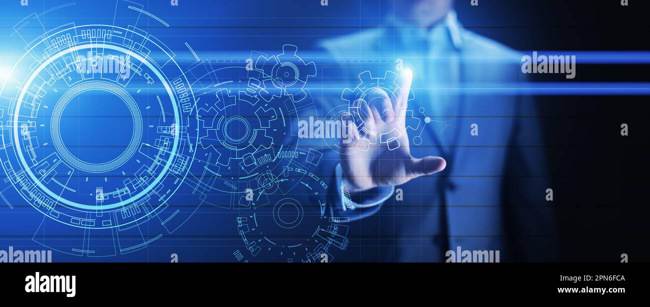 Copyspace, Blueprint, Zeichnung, Design, CAD auf virtuellem Bildschirm. Hintergrund für Technologie, Wirtschaft, Industriekonzept. Stockfoto