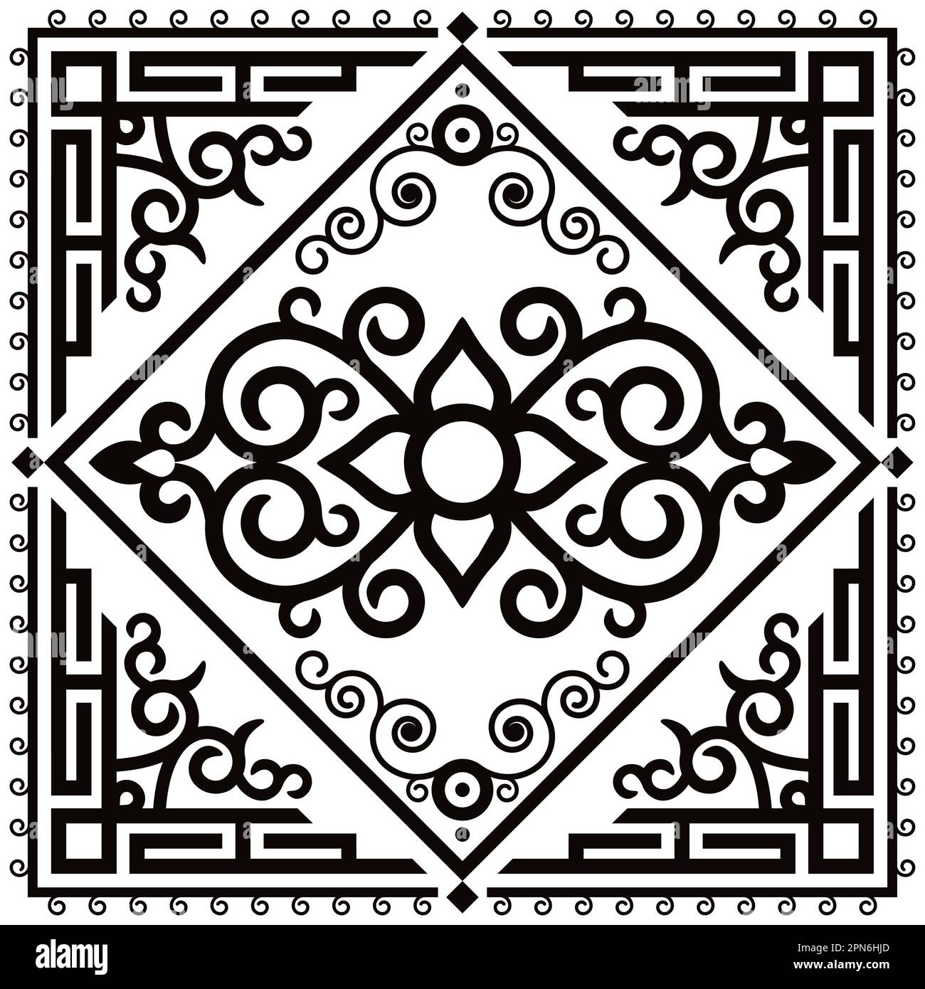 Orientalisches schwarz-weißes Quadratmuster, inspiriert von Folk Art aus Monogolien und Zentralasien, traditionelle Einrichtung mit Wirbeln und Blumen Stock Vektor