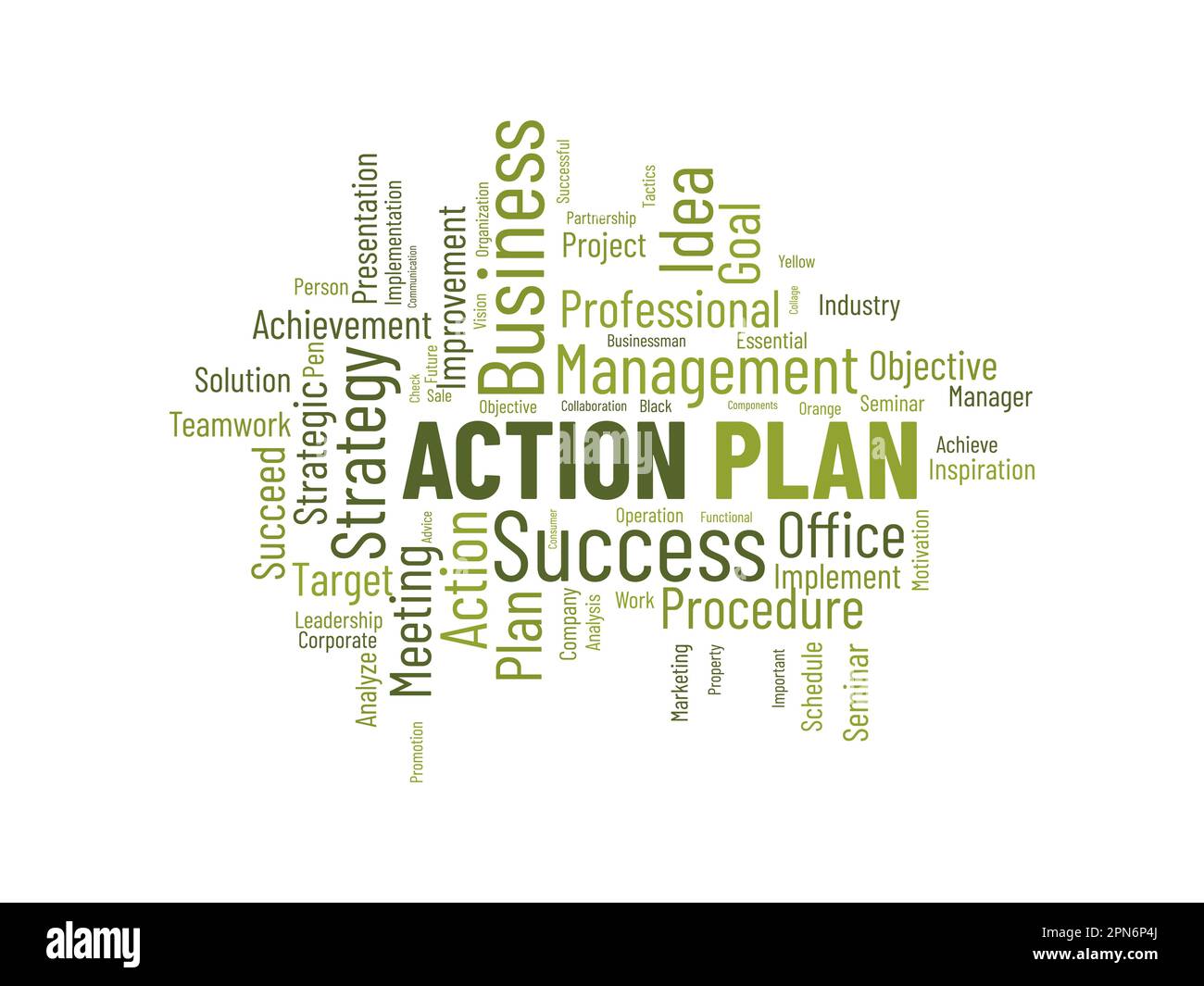 Word Cloud-Hintergrundkonzept für den Aktionsplan. Lösungsstrategie für Geschäftsideen Konzept implementieren. vektordarstellung. Stock Vektor