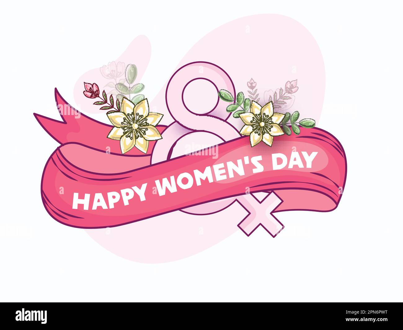Happy Women's Day Konzept mit Text 8, Venus-Symbol und Blumen auf weißem Hintergrund. Stock Vektor