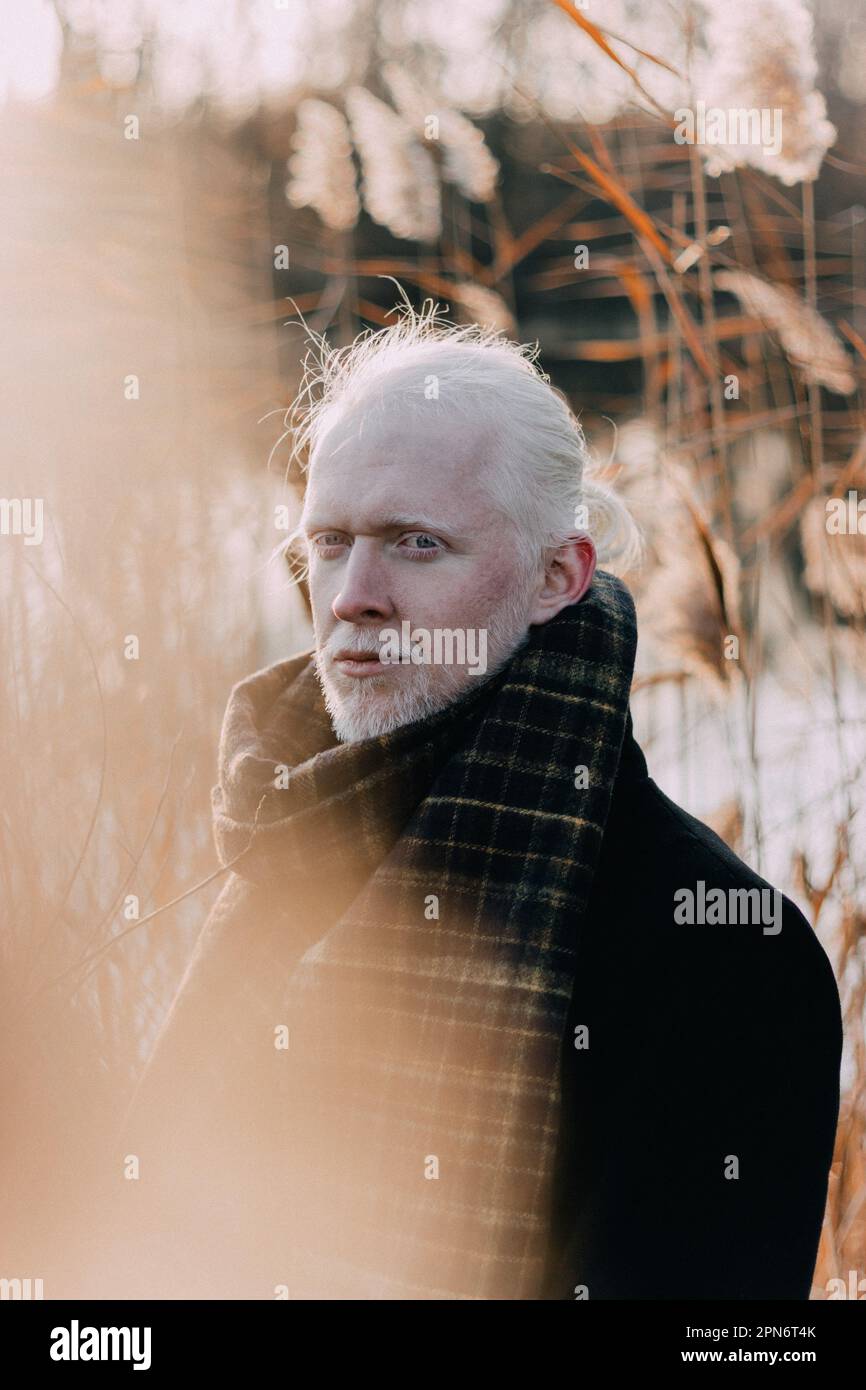 Porträts eines Albino-Mannes mit langen Haaren. Herbst Stockfoto