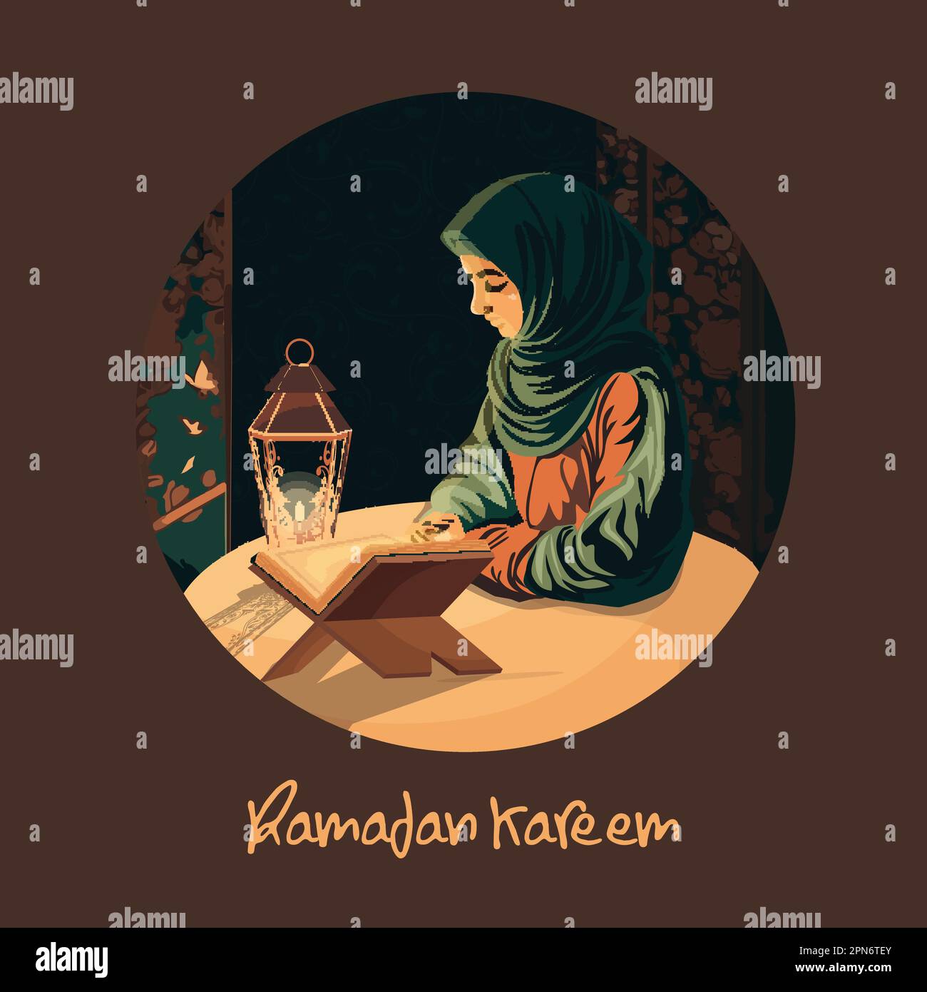 Konzept Des Ramadan Kareem Mit Einer Muslimischen Jungen Frau, Die Ein Buch Des Korans Liest, Beleuchtete Arabische Lampe Auf Braunem Hintergrund. Stock Vektor