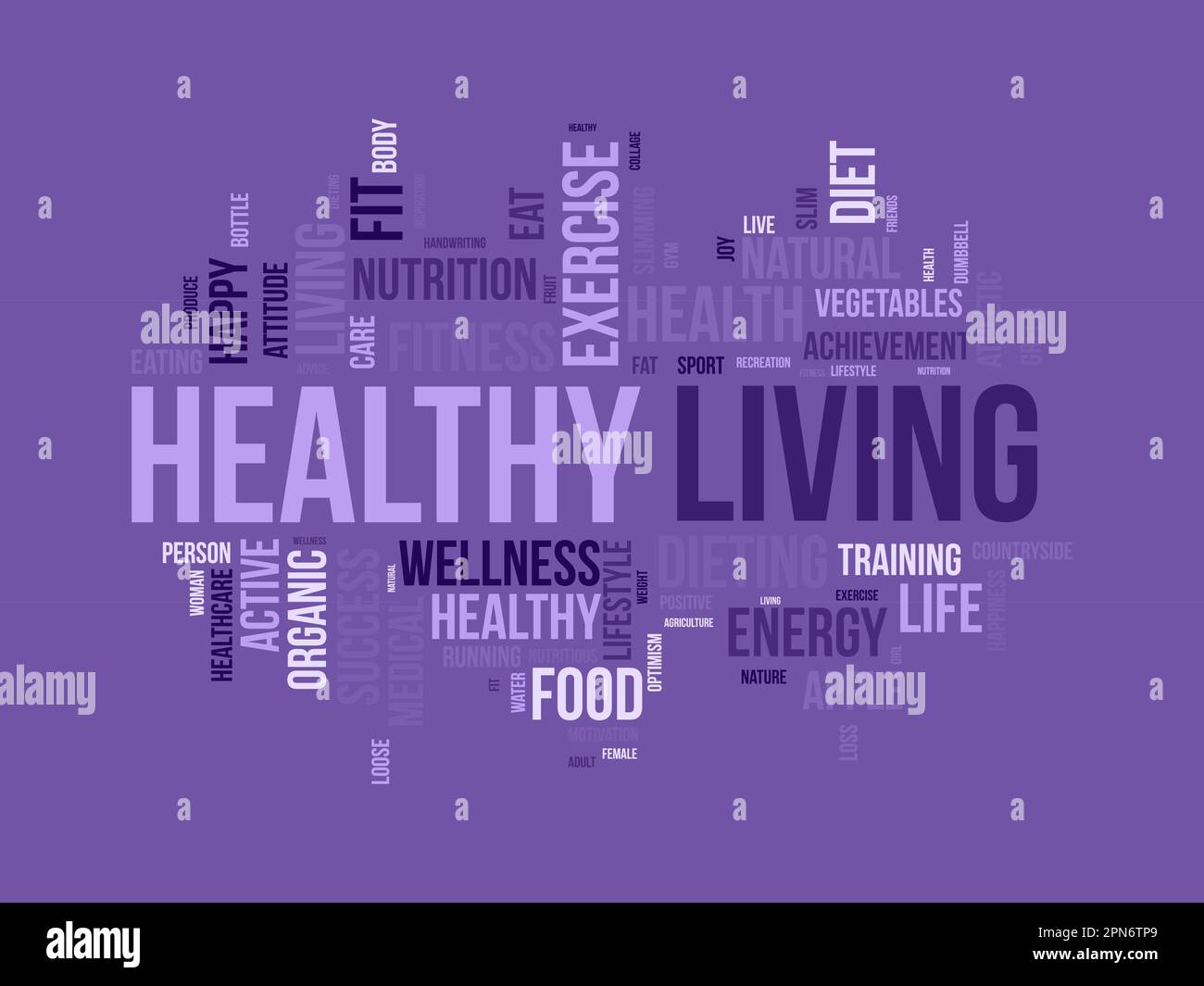 Wortwolkenhintergrundkonzept für ein gesundes Leben. Diät-Bewegung, fitter Lebensstil mit Bio-Nahrung, Energie zu essen. vektordarstellung. Stock Vektor