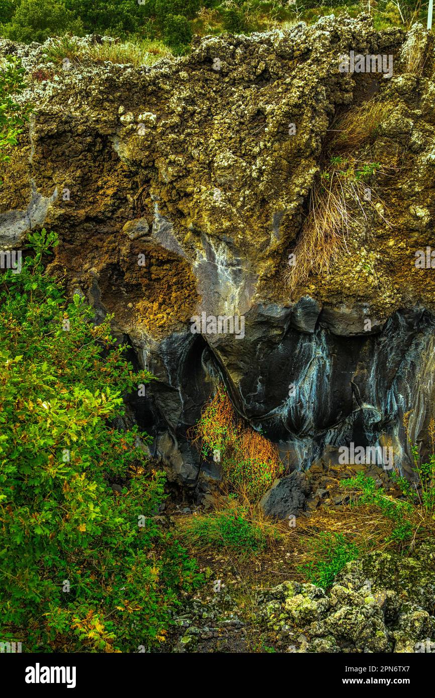 Abschnitt des Bodens und Lava-Flusses in der Nähe von Nicolosi. Über dem Basalt wurde die äußerste Lava zu fruchtbarem Boden pulverisiert. Sizilien, Italien, Europa Stockfoto