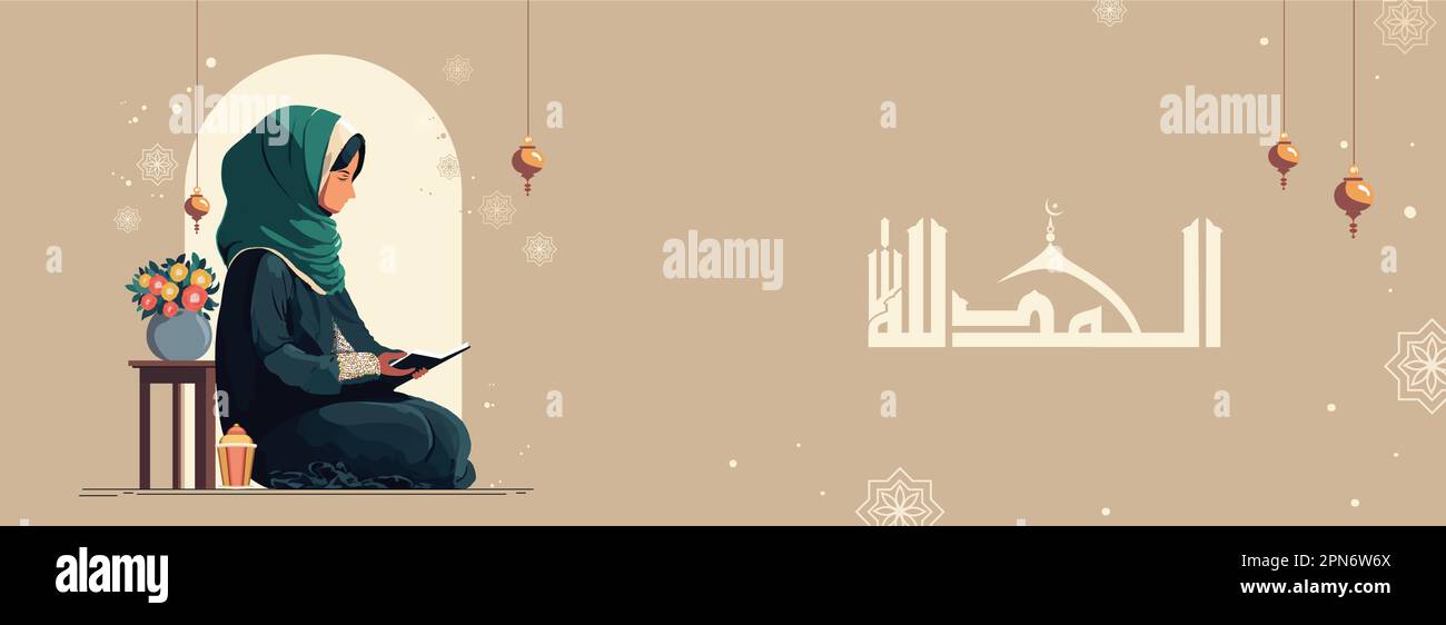 Arabic Islamic Calligraphy of Wish (Dua) Alhamdulillah (Lob an Allah) und Young Muslim Woman Character Lesen Koran Buch in sitzender Pose. Stock Vektor