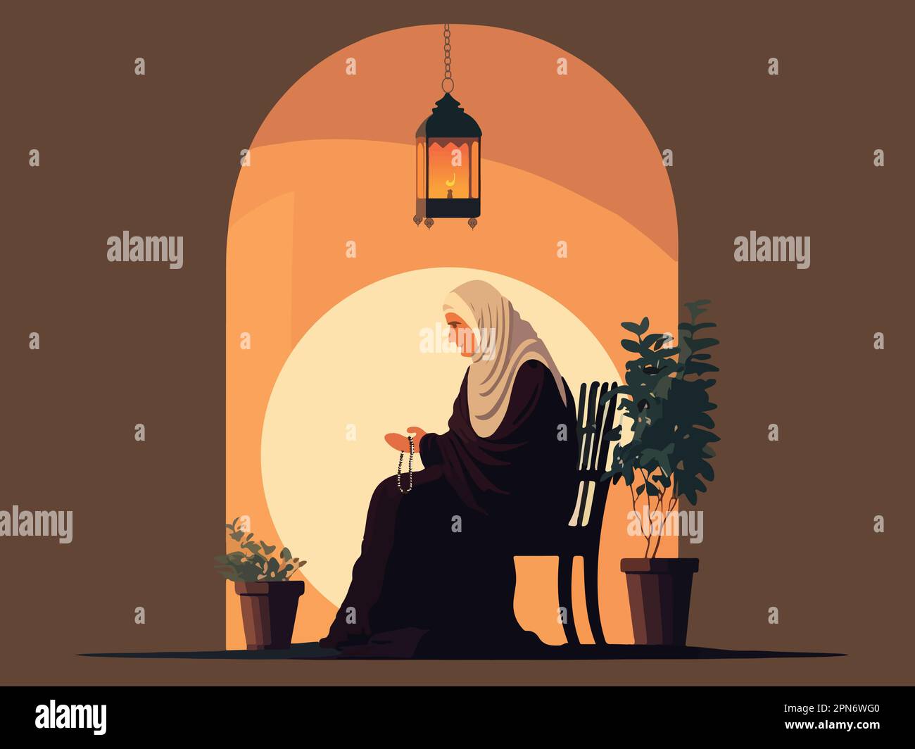 Muslimische Ältere Frau, Die Tasbih Auf Dem Stuhl In Der Nähe Von Pflanztöpfen Und Eine Beleuchtete Arabische Lampe Auf Orangefarbenem Und Braunem Hintergrund Verwendet. Stock Vektor