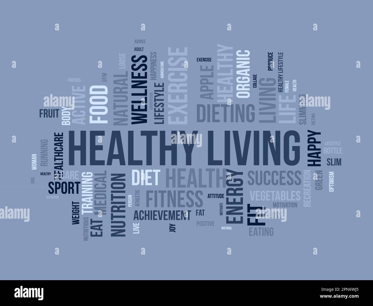 Wortwolkenhintergrundkonzept für ein gesundes Leben. Diät-Bewegung, fitter Lebensstil mit Bio-Nahrung, Energie zu essen. vektordarstellung. Stock Vektor