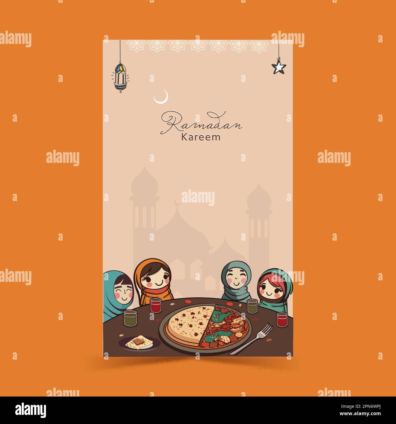 Ramadan Kareem Vertical Banner Design Mit Fröhlichen Muslimischen Weiblichen Kindern, Die Köstliche Mahlzeiten Am Esstisch Genießen. Stock Vektor