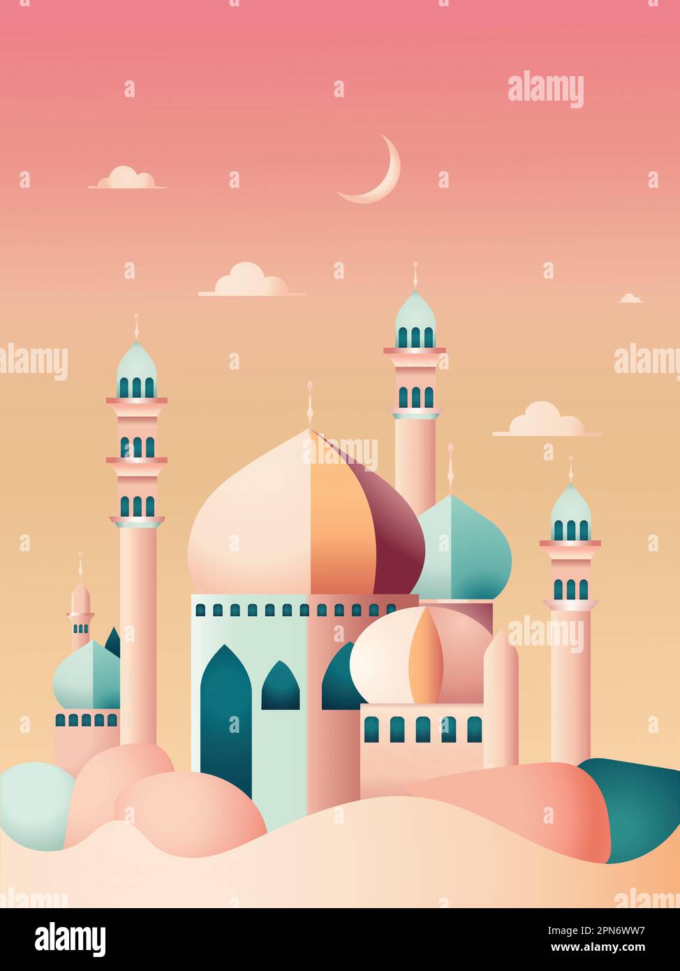 Farbenfrohe, Wunderschöne Moschee-Illustration Auf Halbmond-Hintergrund Und Kopierbereich. Stock Vektor