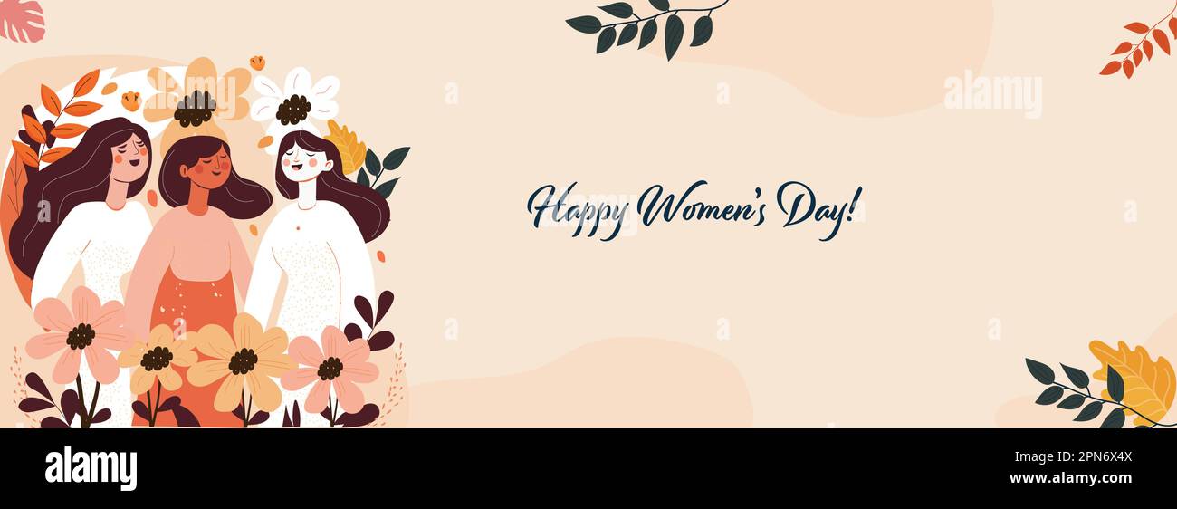 Happy Women's Character with Flowers and Leaves on Peach Background für Happy Women's Day Concept. Stock Vektor