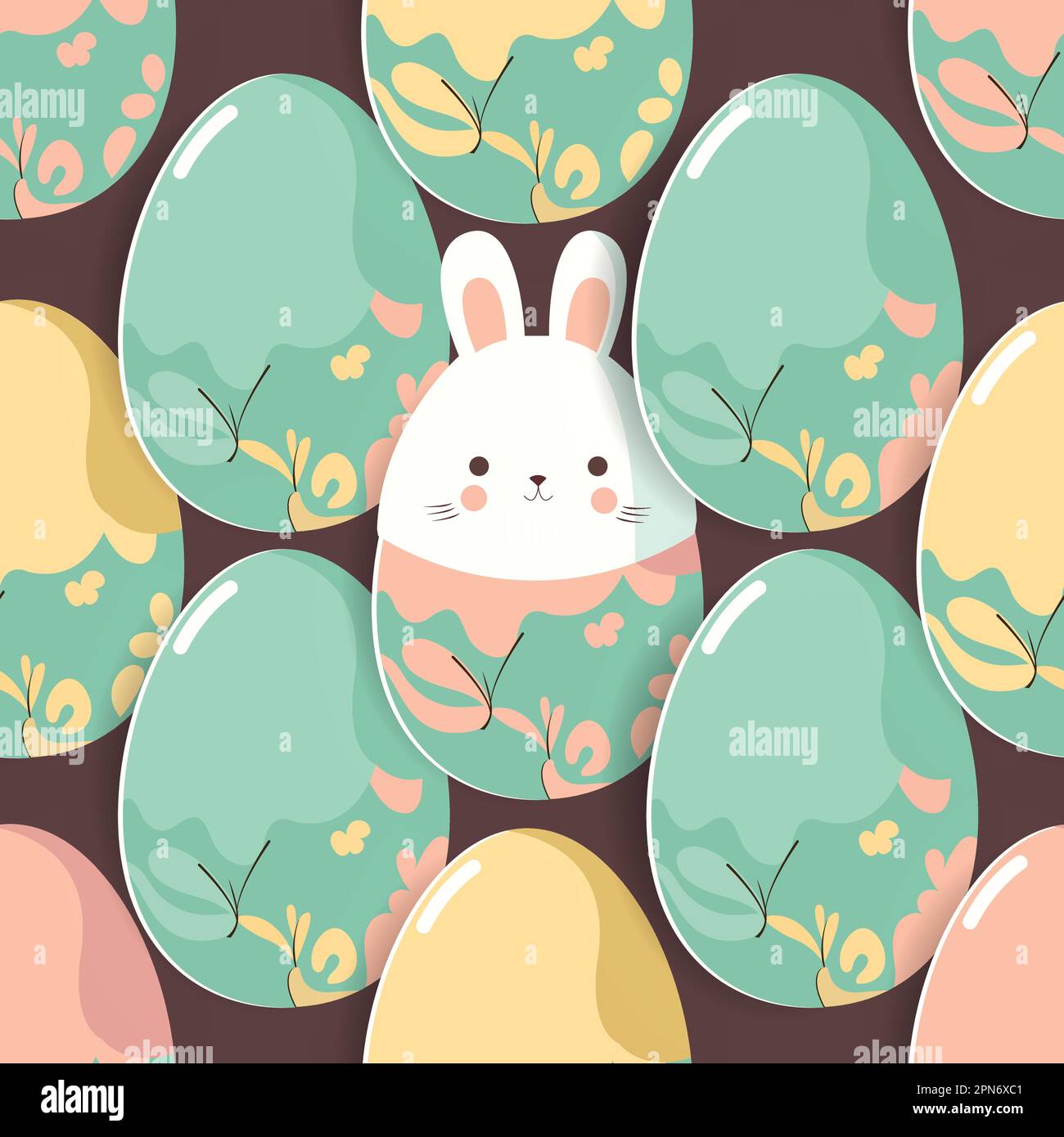 Süßer Hase- Oder Kaninchen-Cartoon In Papierform Mit Bunten Eiern Im Blumendesign Nahtloser Brauner Hintergrund. Happy Easter Day Konzept. Stock Vektor