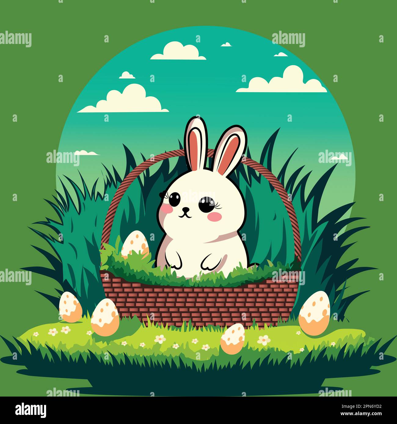 Abbildung: Süßes Kaninchen Im Korb Mit Ostereiern Auf Grünland Mit Wolken Vor Grünem Hintergrund. Happy Easter Day Konzept. Stock Vektor