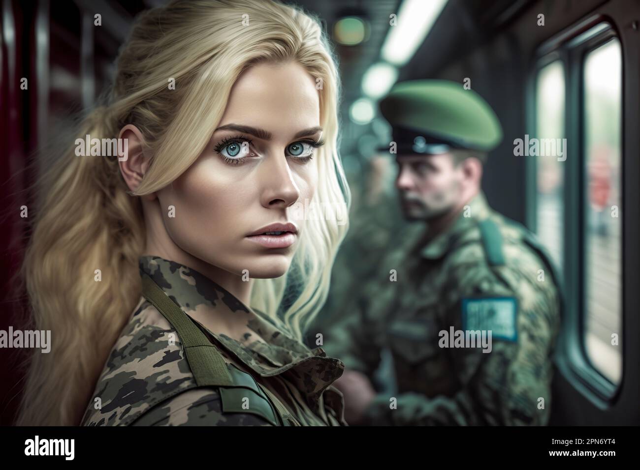 Blonder Krieger auf einer Mission: Militärdienst in Bewegung Stockfoto