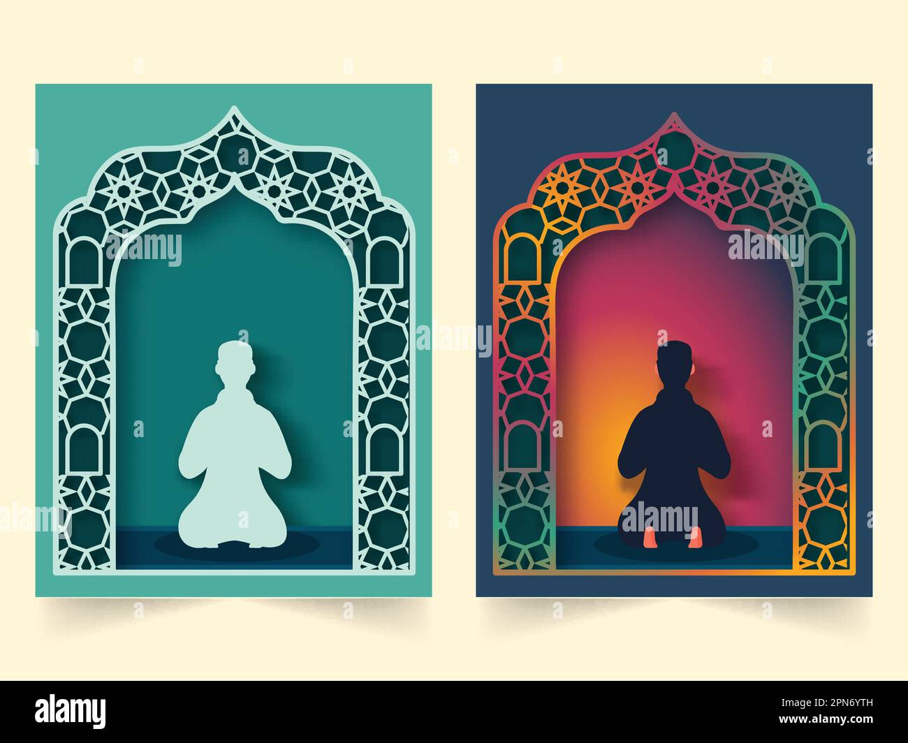 Grußkarten zum Islamischen Festival mit Rückansicht des muslimischen Mannes, die Namaz (Gebete) in zwei Farben anbieten. Stock Vektor