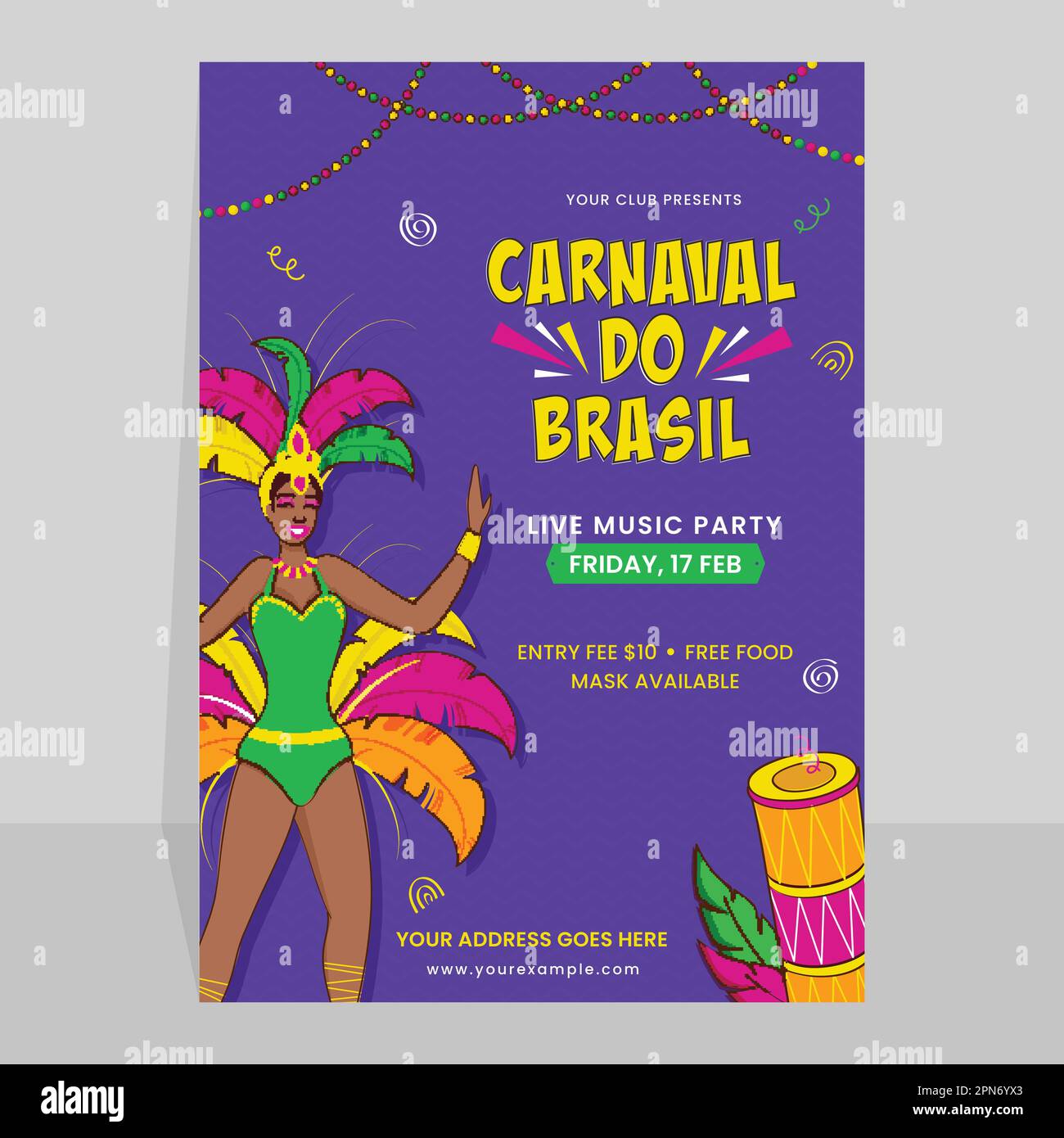 Carnival of Brazil (Carnaval do Brasil) Einladungskarte mit weiblichem Samba-Tänzer und Details zum Veranstaltungsort. Stock Vektor